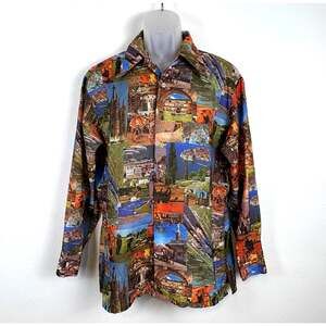Vintage Trafalgar 1970s Photo Print Polyester Dagger Pointy Collar Disco Shirt L